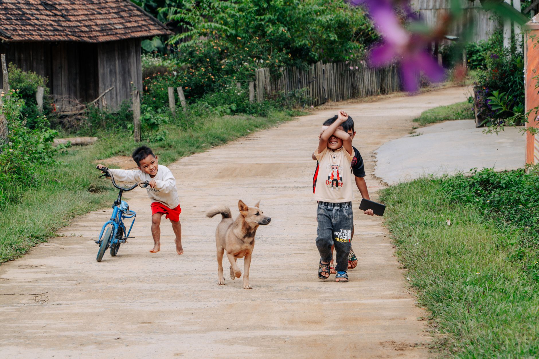 Joyful children riding a bike and playing with a dog on a rural village road.