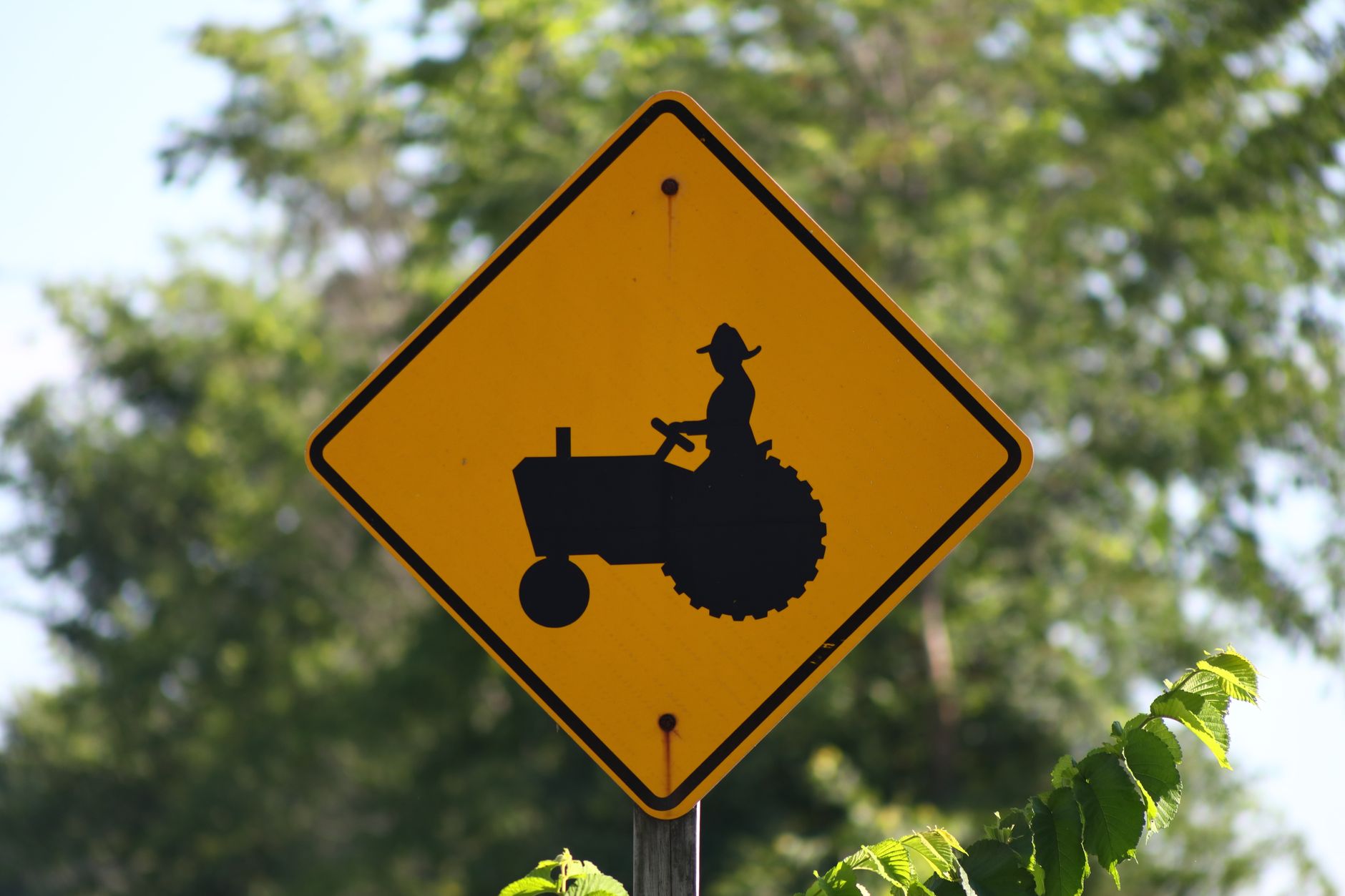 Close-up of a yellow tractor crossing sign on a rural road, set against a lush green backdrop.