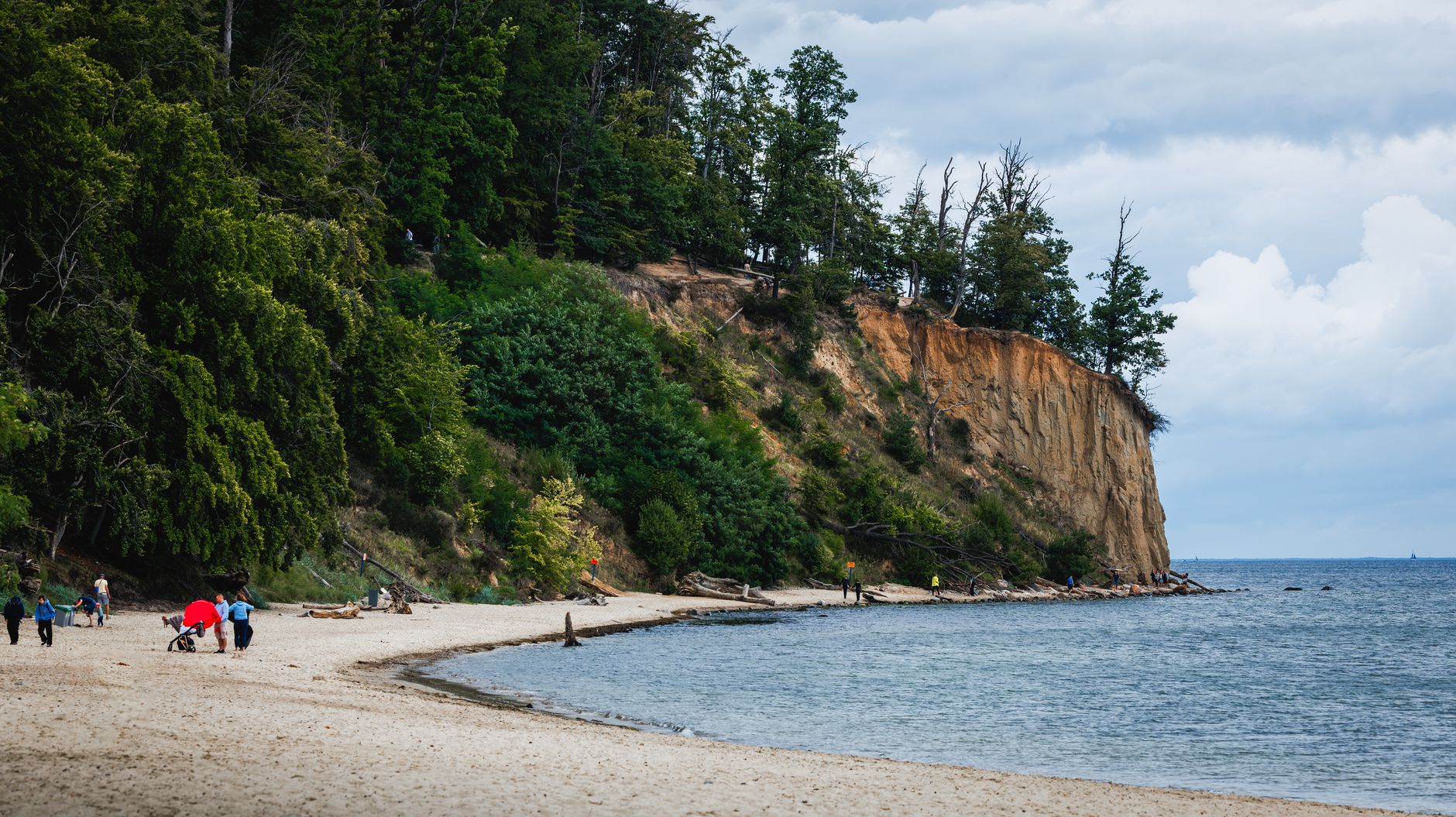 Tranquil beach scene with cliffs, forest, and people strolling along the shoreline.
