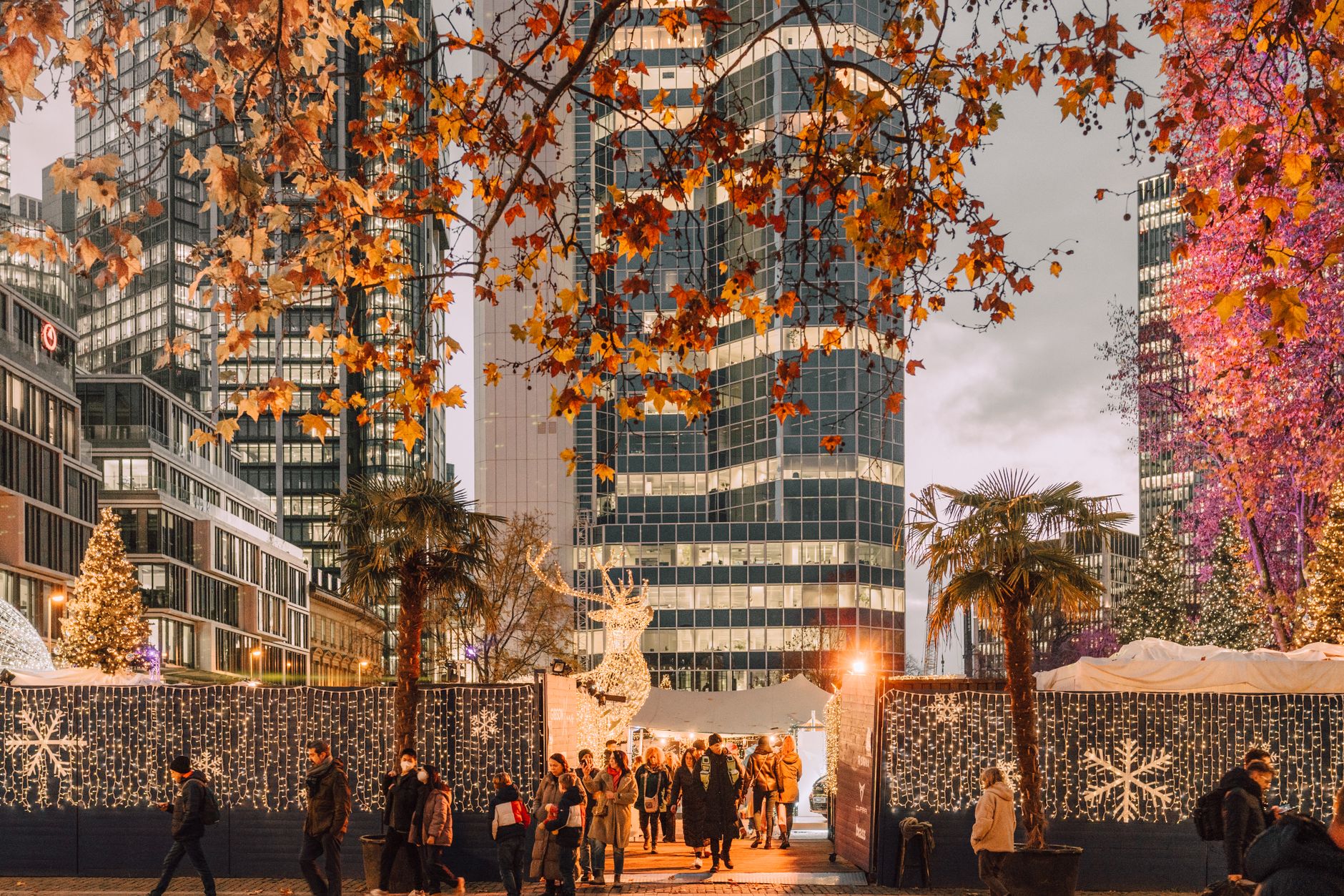 Experience the lively Christmas market in Frankfurt with illuminated skyscrapers, festive decorations, and urban atmosphere.