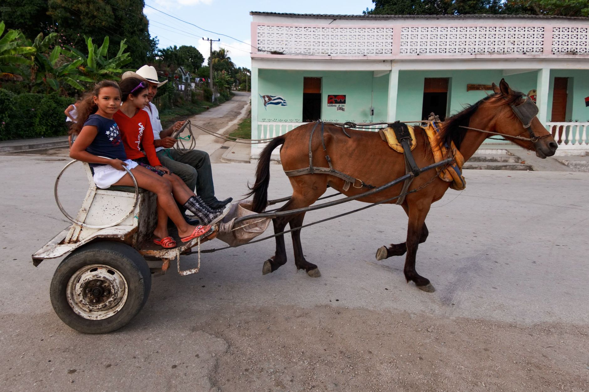 A father with two daughters riding a horse-drawn carriage on a sunny day outdoors, showcasing rural life.